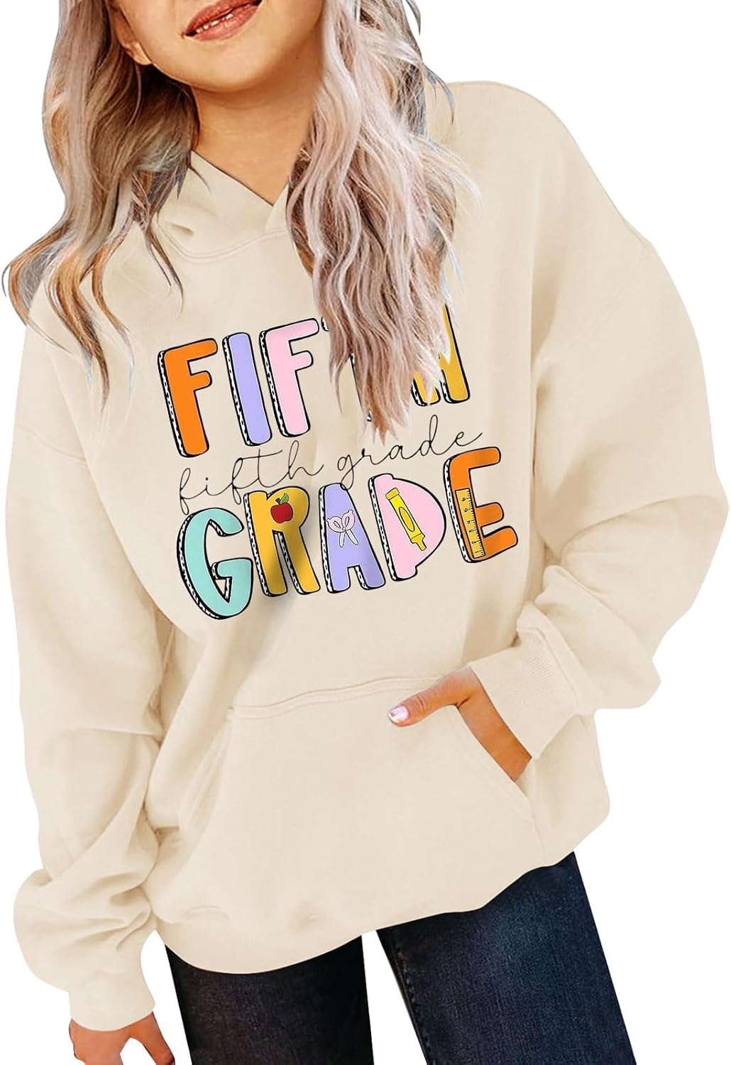 Back to School Clothes for Teen Girls Oversized Hoodies Cute FIFTH GRADE First Day of School Sweatshirt Pullover