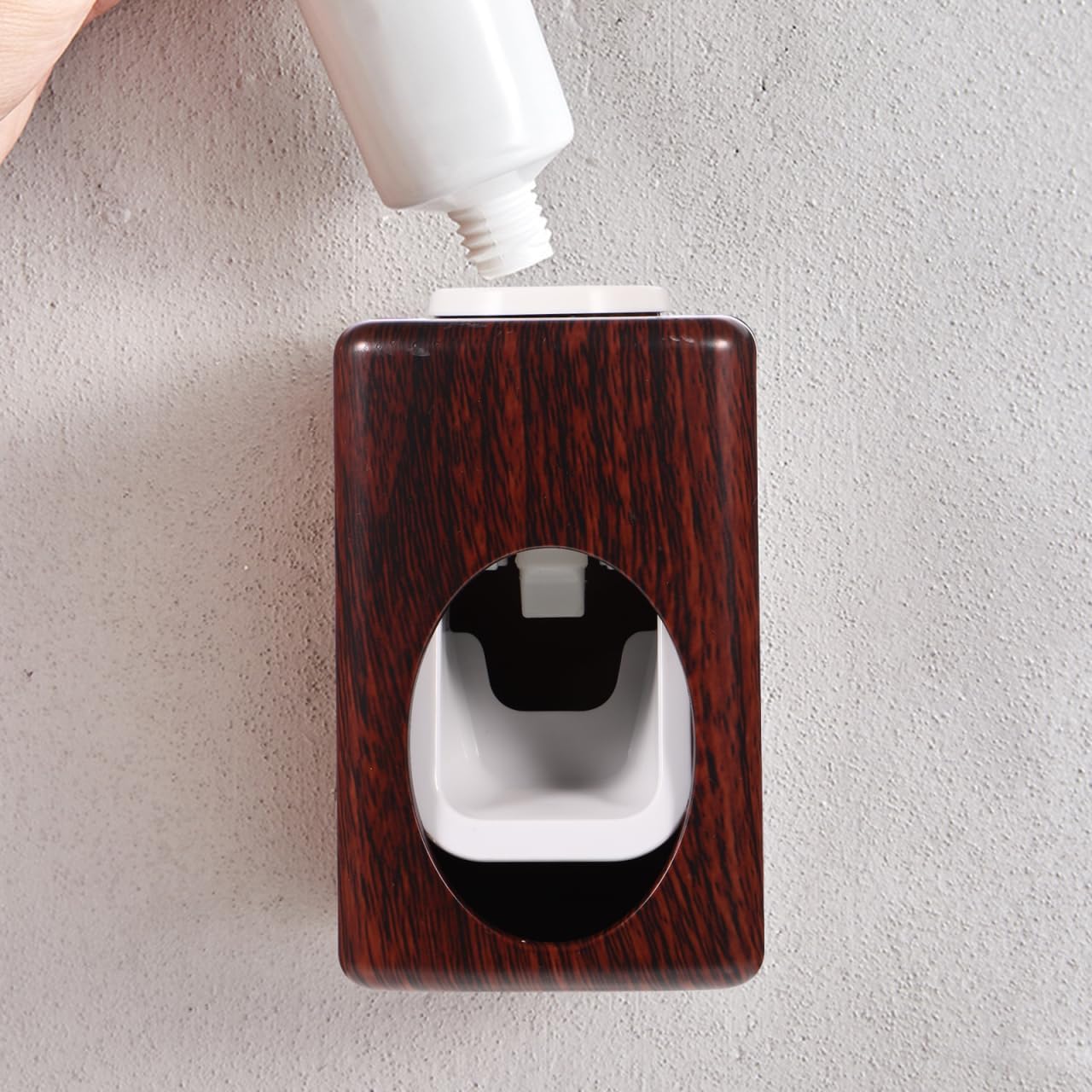 Beavorty Automatic Toothpaste Squeezer Dispenser Wall Mounted No Drill Adhesive Toothpaste Holder with Wood Grain Finish Space Saving Bathroom Accessory image 2