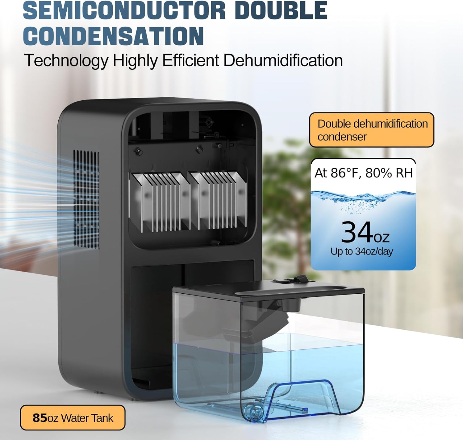 SAMSICHI Dehumidifier with water tank removed, showing semiconductor double condensation technology