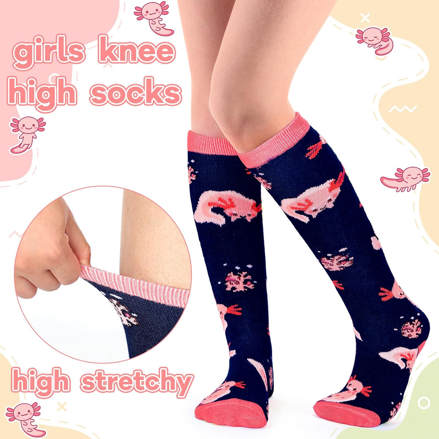 6 Pairs Kids Socks Cute Axolotl Animals Novelty Crew Cotton Socks Casual Dress Set Gifts for Kids Boys and Girls - Image 3