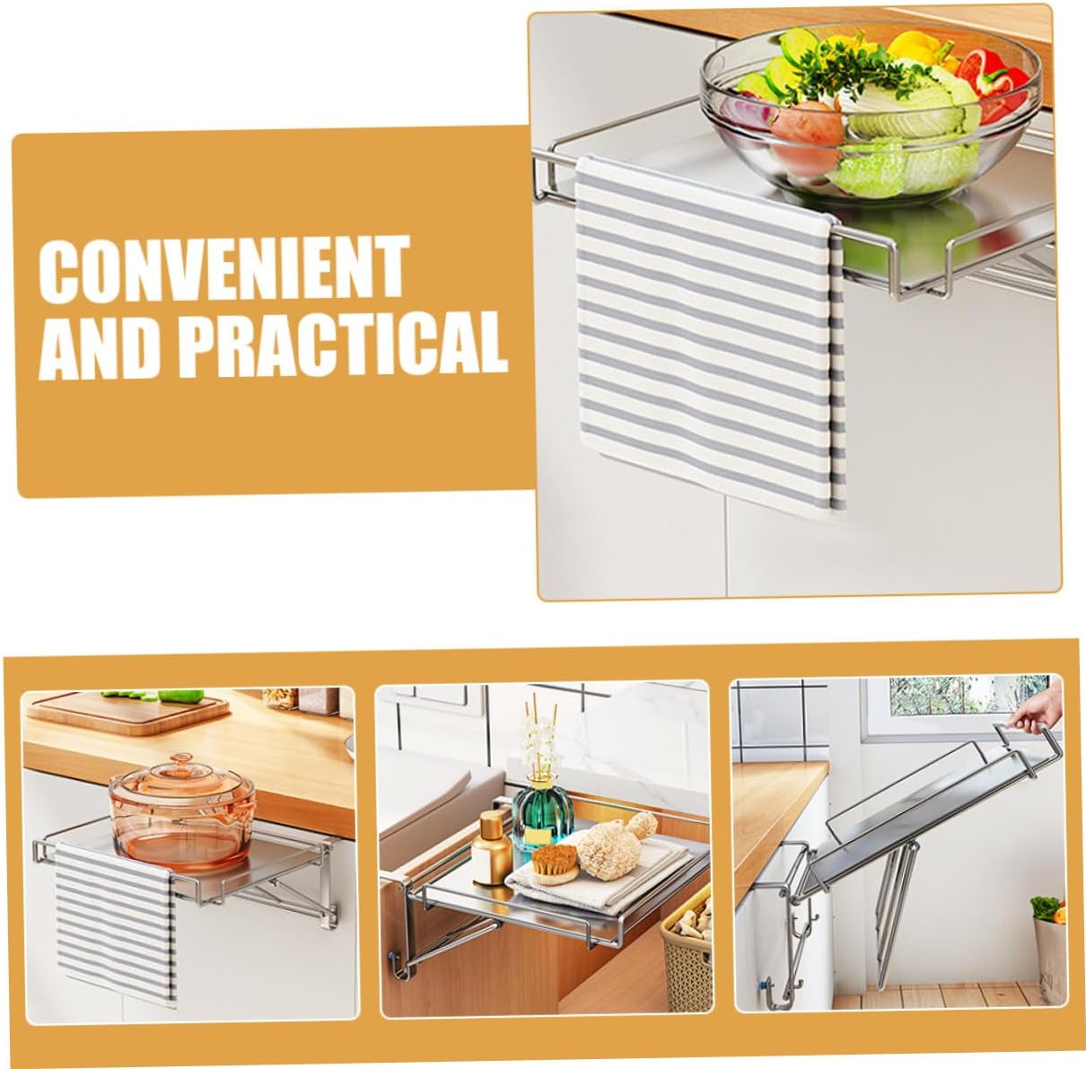 Stainless Steel Foldable Kitchen Cabinet Door Shelf Multi-function Hanging Organizer Rack Space-saving Storage for Home Bathroom Hotel with Large Capacity and Strong Load-bearing