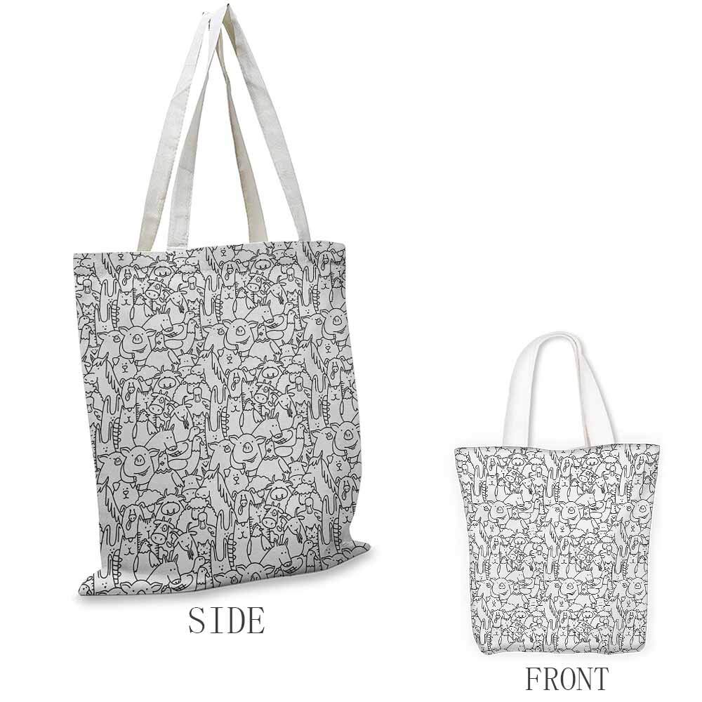 Doodle Craft Canvas Shopping Bag Farm Animals Horses Ducks Goats and Chickens Monochrome Fauna Illustration Can Also be Loaded with a Laptop W15.75 x L13.78 Inch Black and White