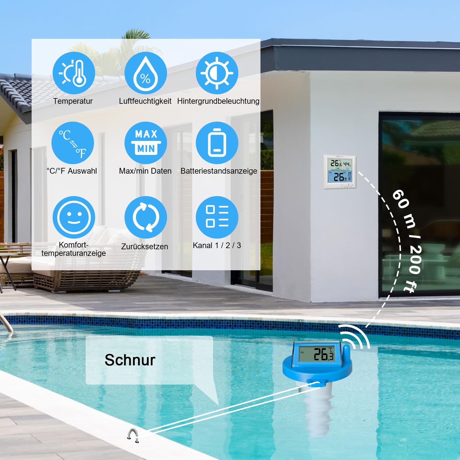 KETOTEK Poolthermometer Funk Schwimmendes Digitaler Wassertemperaturmesser für Schwimmbad, 60m Reichweite, IPX8 wasserdicht Präzises Thermometer für Badewanne, Teich, Aquarium