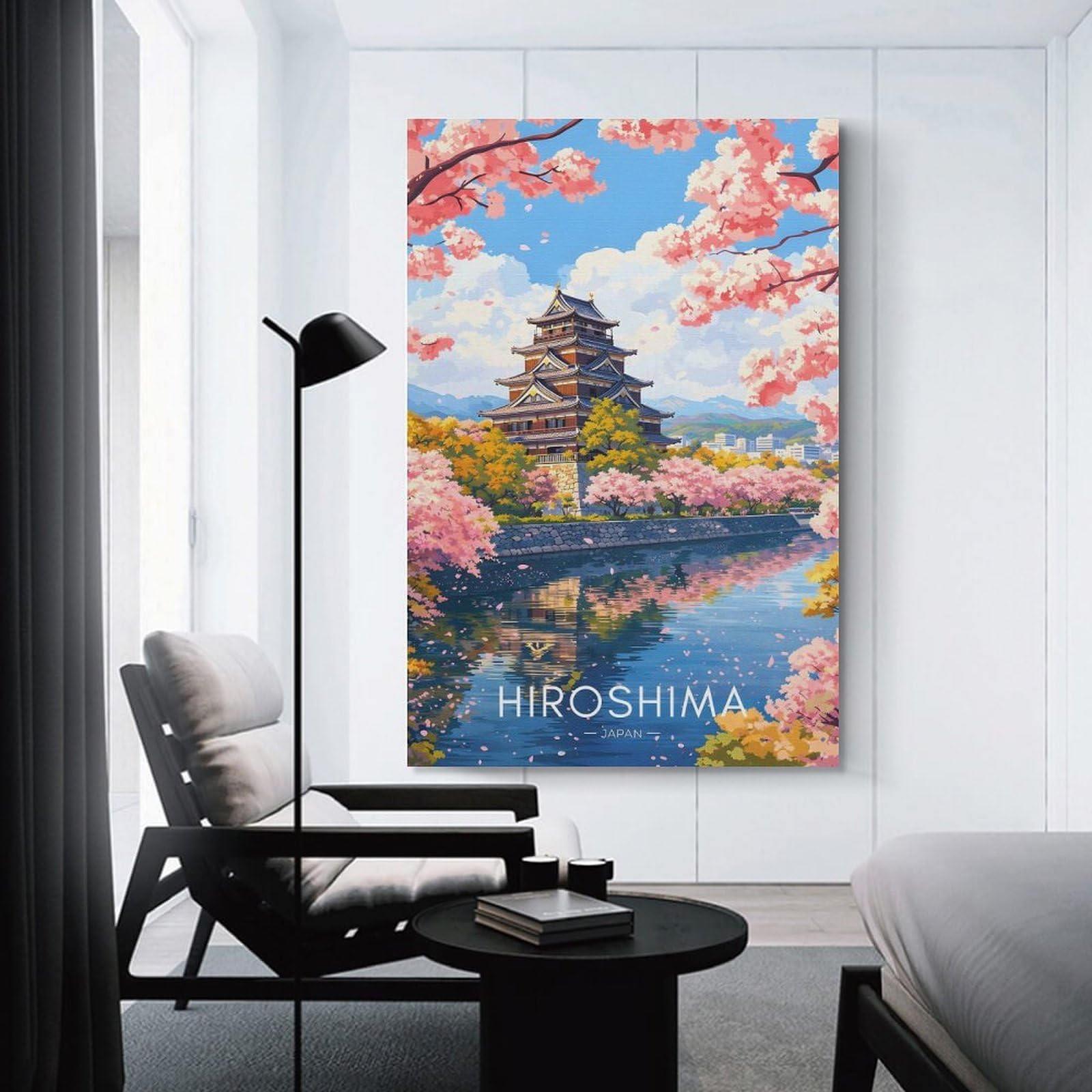 Junmoney Decorative Canvas Print Hiroshima Castle with Cherry Blossoms, 24x36inch(60x90cm), for Study, Office Or Apartment Decor, Gift Idea for Housewarming And Birthdays