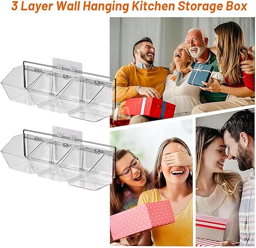 Miniatura 3 de Contenedor de almacenamiento montado en la pared, 3 rejillas de almacenamiento, plástico transparente, autoadhesivo, almacenamiento de cebolla y