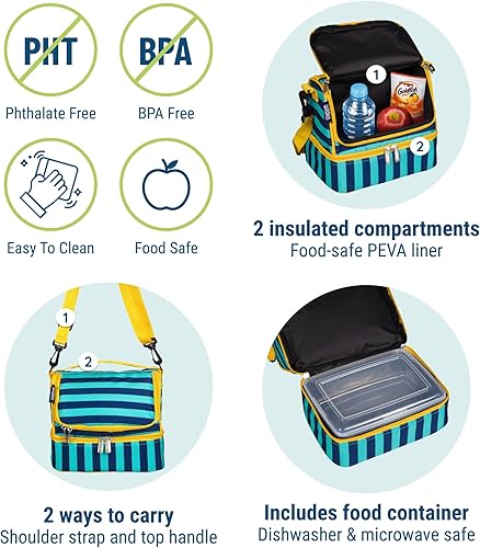 Miniatura 4 de Wildkin Bolsa de almuerzo aislada con dos compartimentos para niños, lista para la escuela y los viajes, rayas azules
