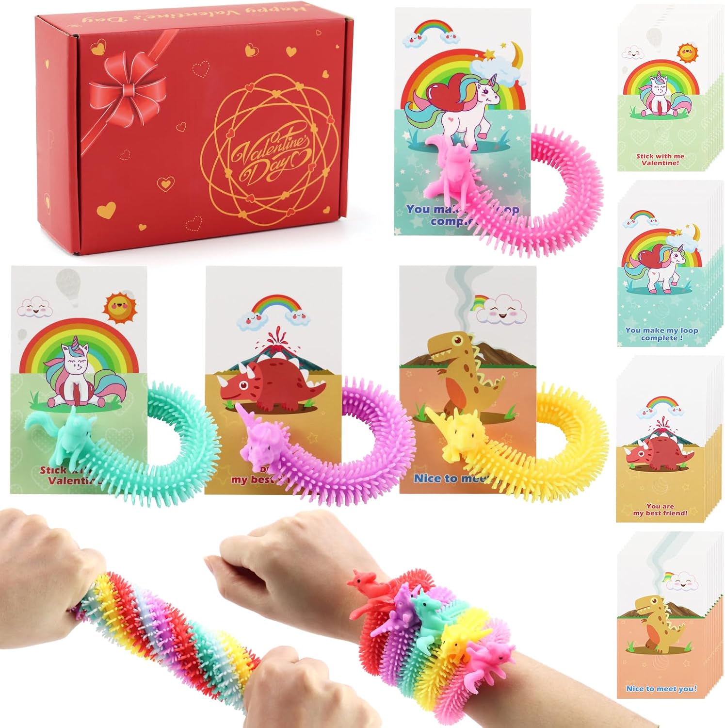 Non Candy Valentines for Class Kit- 36PC Dinosaur&Unicorn Valentines Day Cards for Kids School,Sensory Fidget Toys Stretchy String Noodles,Boys&Girls Students Classroom Exchange Gifts Party Favors Set
