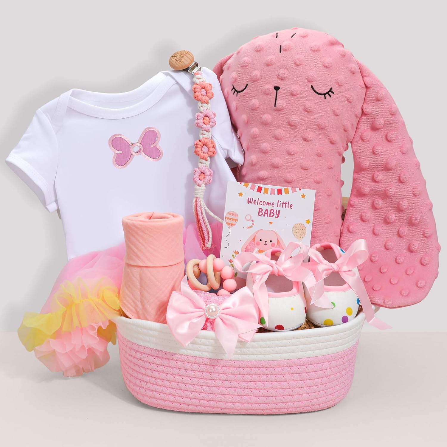 Baby Girl Gift Basket | Welcome Home Newborn Baby Girl Gift Set with Dress, Headband | Baby Girl Newborn Essentials with Baby Walking Shoes, Storage Basket | Baby Shower Gift for Girls