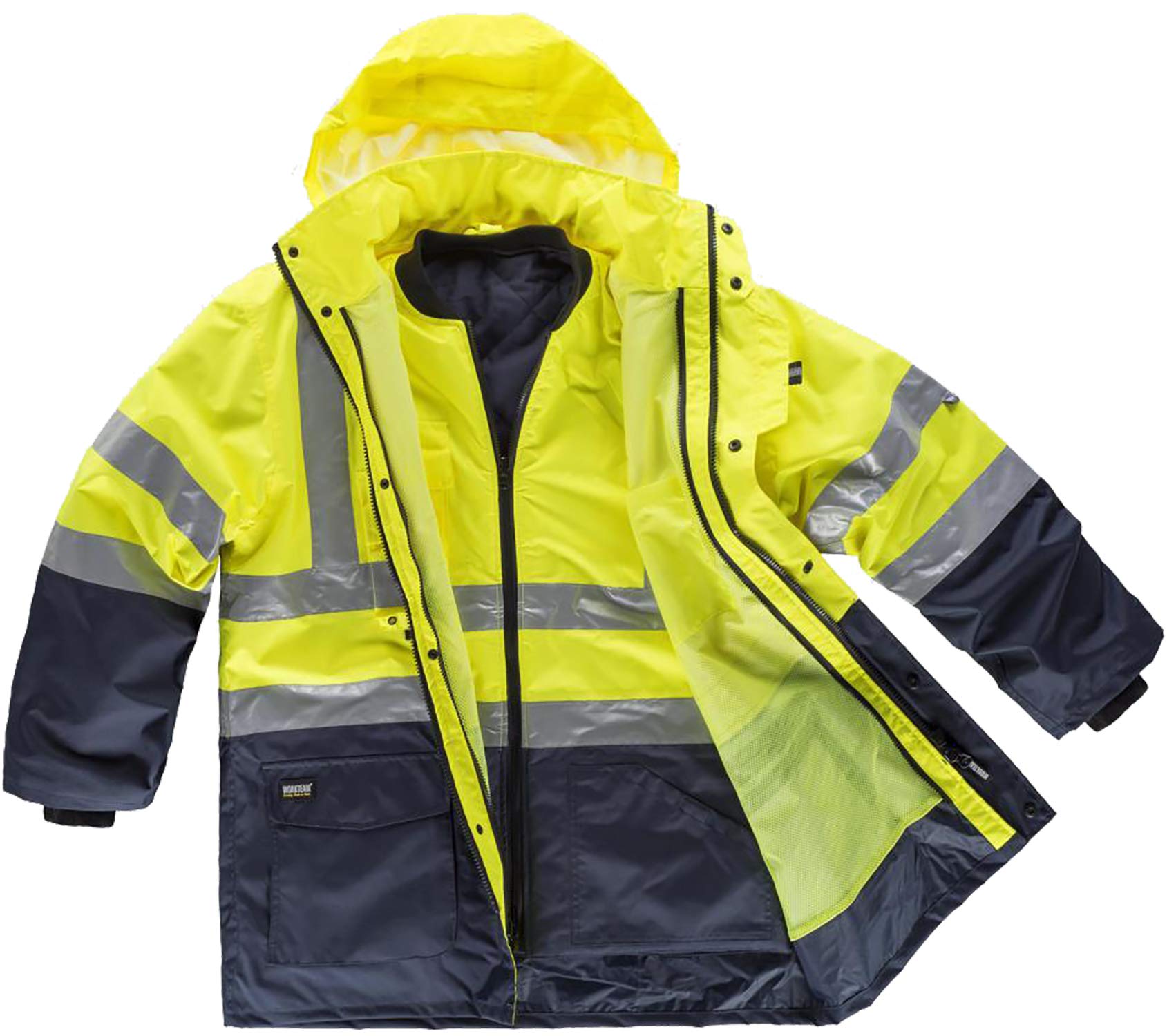 WORKTEAM Parka Convertible 5 en 1 Impermeable Alta Visibilidad, Reversible y Desmontable, con Cintas Reflectantes, Protección Frío y Lluvia. Hombre