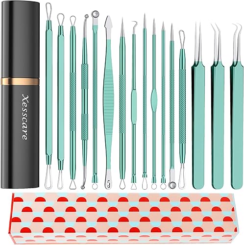Xesscare Kit de herramientas para picar espinillas, 16 herramientas para eliminar puntos negros, kit de eliminación de acné, pinzas profesionales de