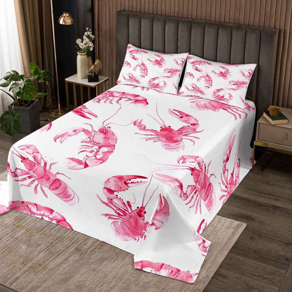 Erosebridal Pink Kawaii Lobster Queen Quilt Set for Girls,Cute Ocean Crawfish Coverlet Sets Pink Marine Life Shrimp Bedspread Sets Sea Animal Lobster Bed Set for Kids Teen Women