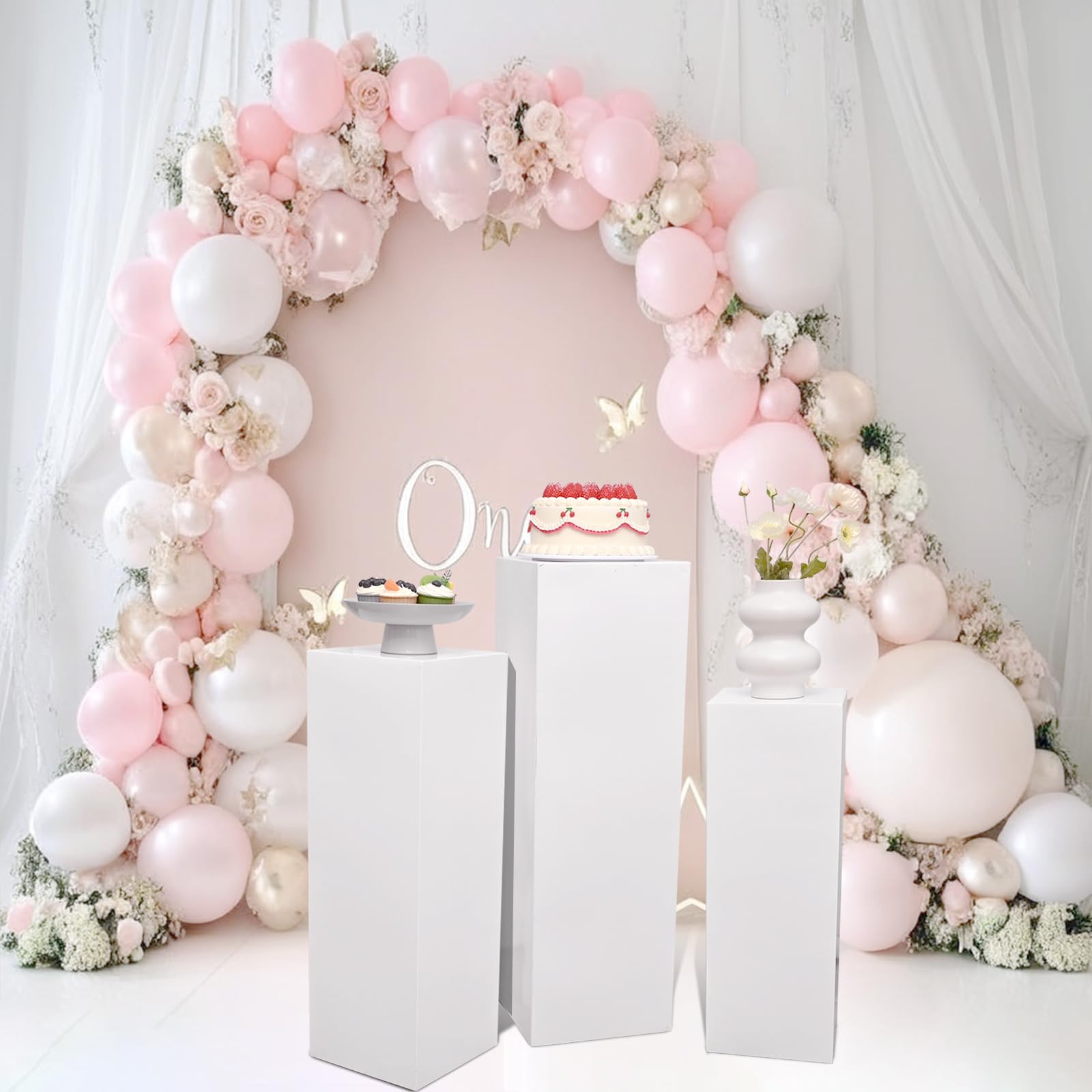 Photo 1 of SwallowLiving 3PCS Metal White Display Pedestal Stand for Parties, Square Tall Pedestal Cake Stands Pillars for Wedding, Sculpture Display Stand Column Decoration