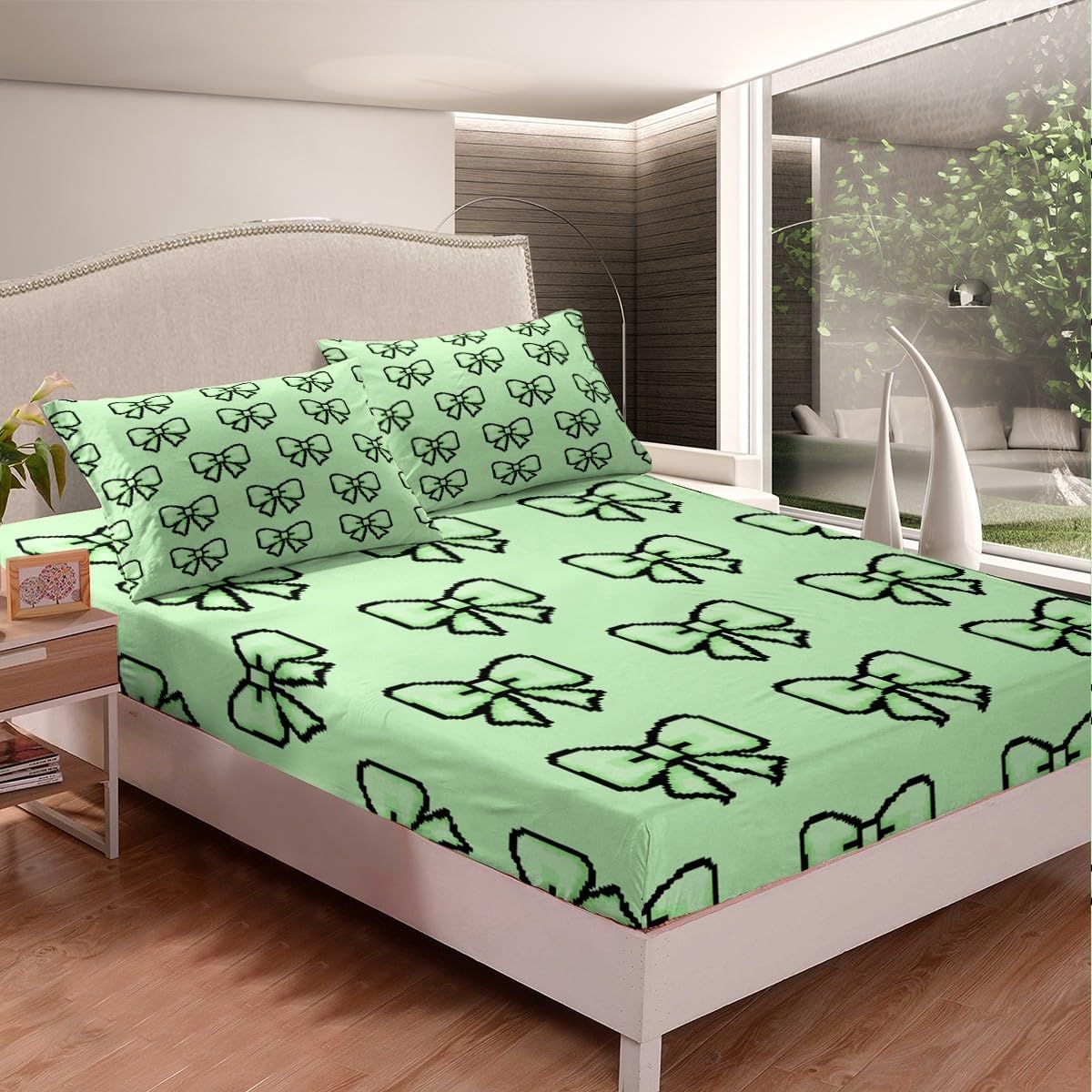 Pixelated Theme Green Bow Full Size Fitted Sheet No Top Sheet,Girly Princess Butterfly Knot 3 Pieces Kids Teenager Room Decor Cute Bowknot Pocket 2 Pillowcases