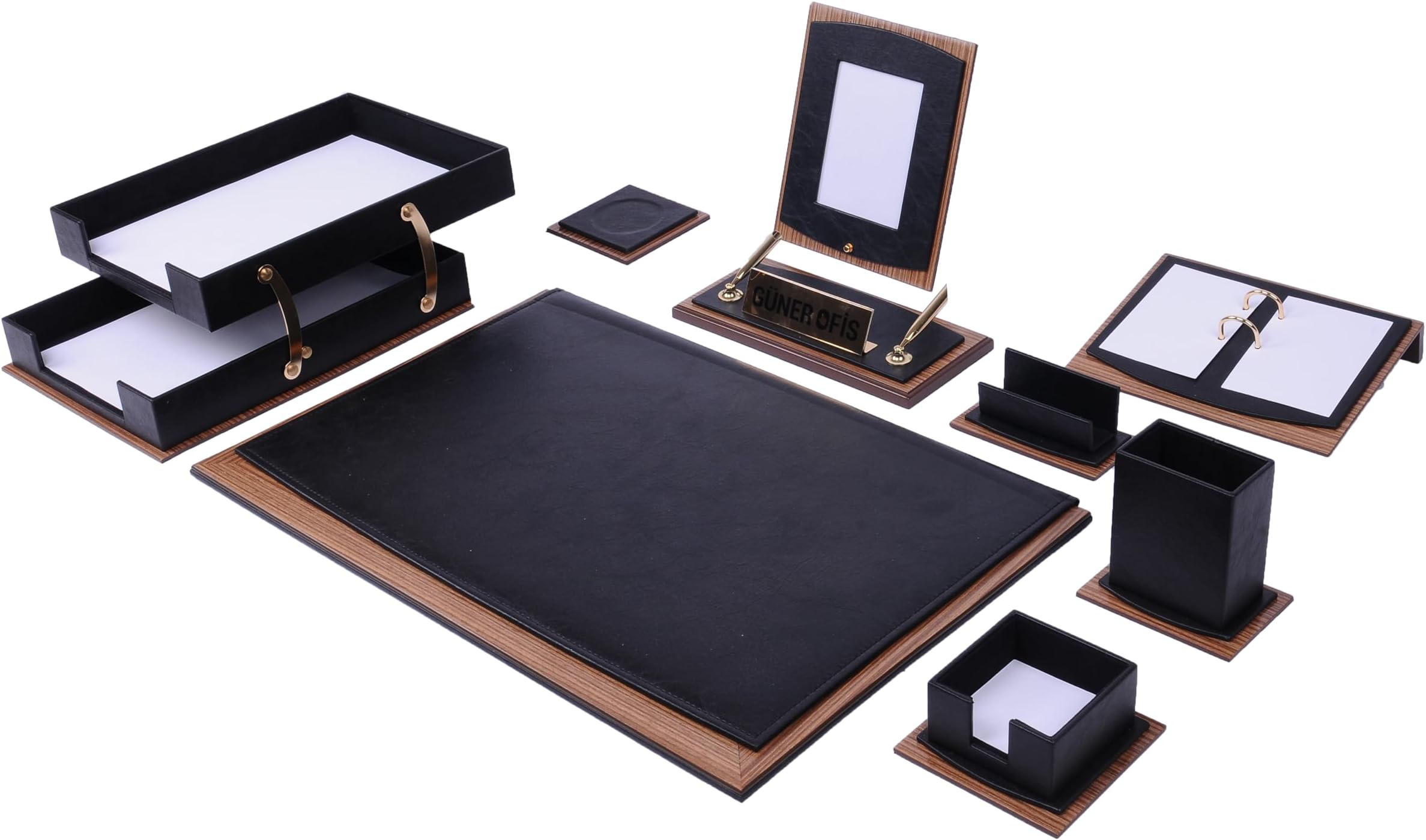 Star Luxury Leather Desk Set, Leather & Wood Desk Set, with Double Tray, Desk Supplies, Office Desk Accessories, Desk Organizer (Black), 11 Pcs