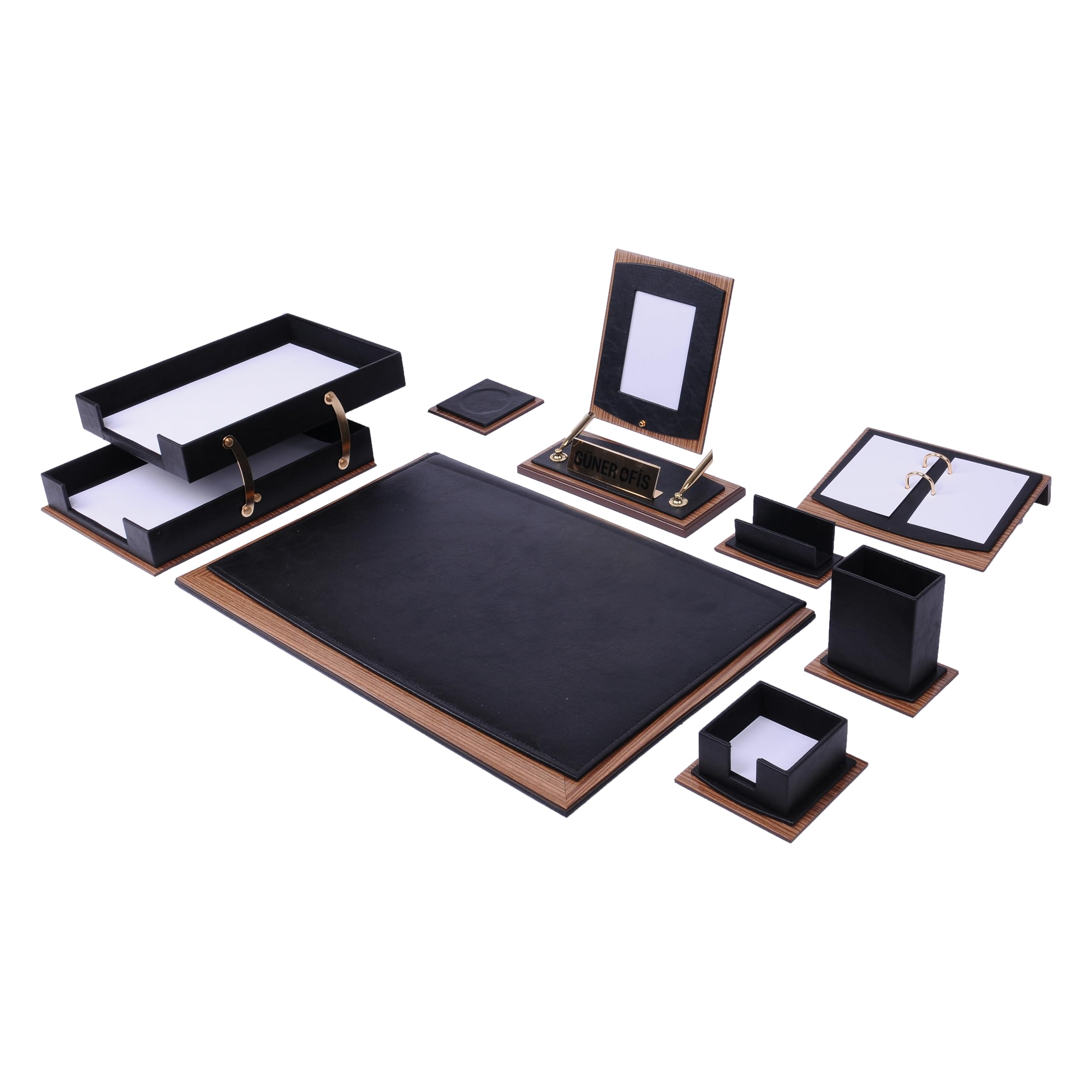 Star Luxury Leather Desk Set, Leather & Wood Desk Set, with Double Tray, Desk Supplies, Office Desk Accessories, Desk Organizer (Black), 11 Pcs