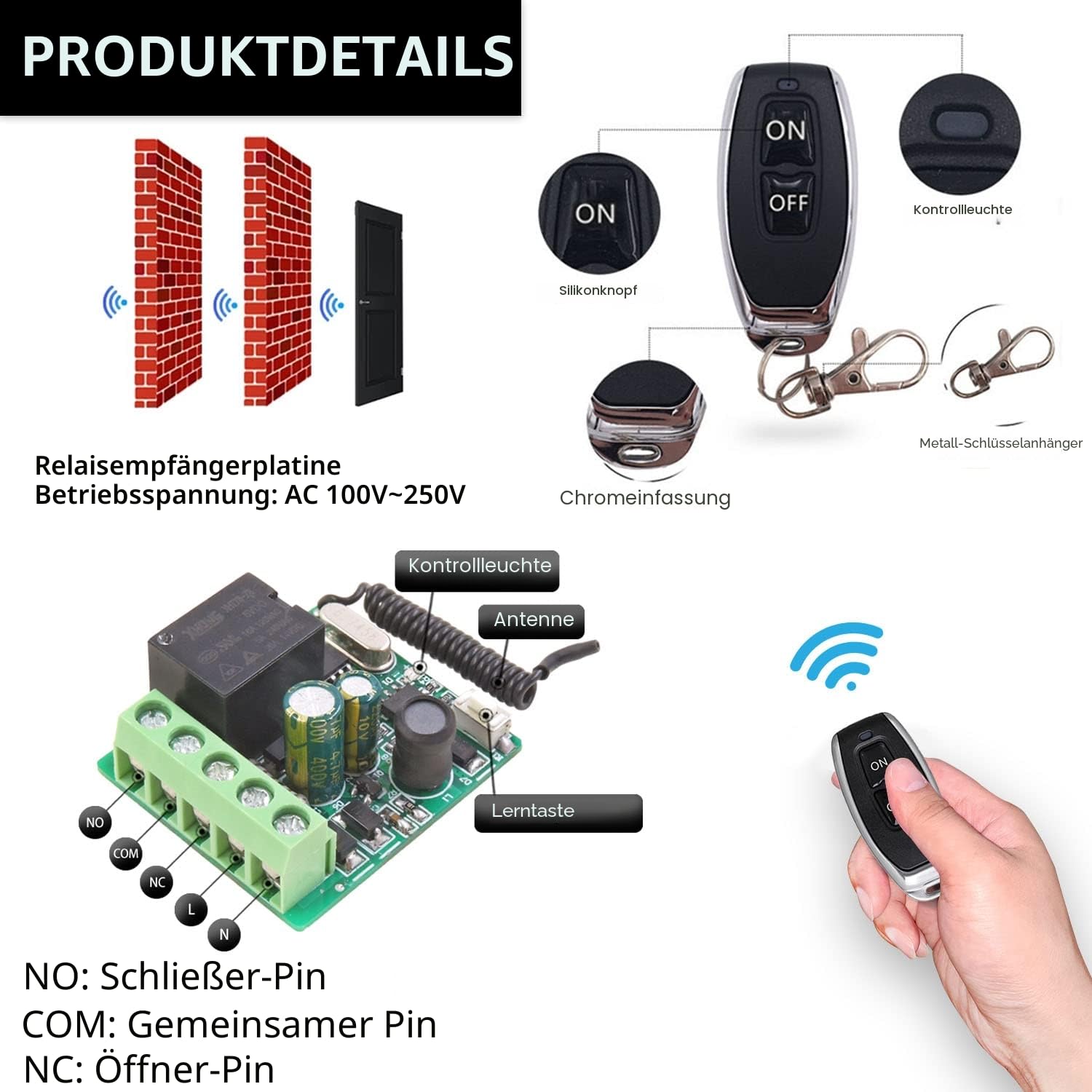 DieseRC Funk Fernbedienung Schalter 220V 230V 1 Kanal Funksteuerung Relais Empfänger mit 5 Sender Schlüsselanhänger Potentialfreie Kontakte Relais Controller
