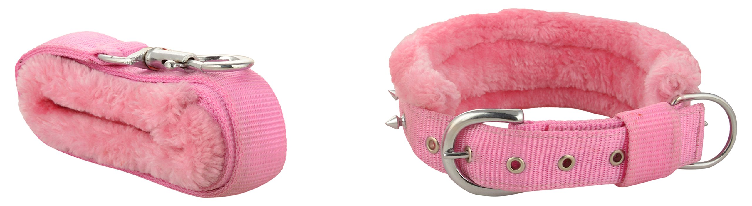 Skora Pink 1 Inch Spiked Nylon Fur Medium Dog Collar & Leash (Medium, Pink) 1