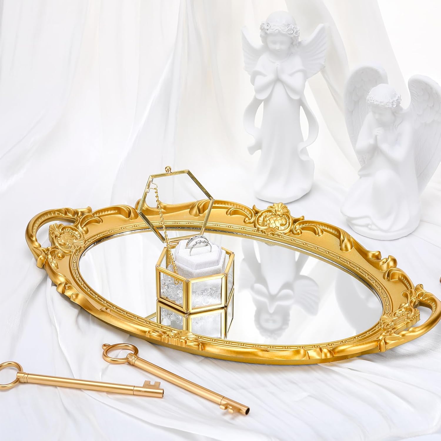 Weysat 153 Pcs Ellipse Weeding Ring Tray Antique Decorative Gold Mirror Tray with Glass Jewelry Organizer Box Velvet Jewelry Ring Box Acrylic Diamond for Wedding Ceremony Photographer Antique Props
