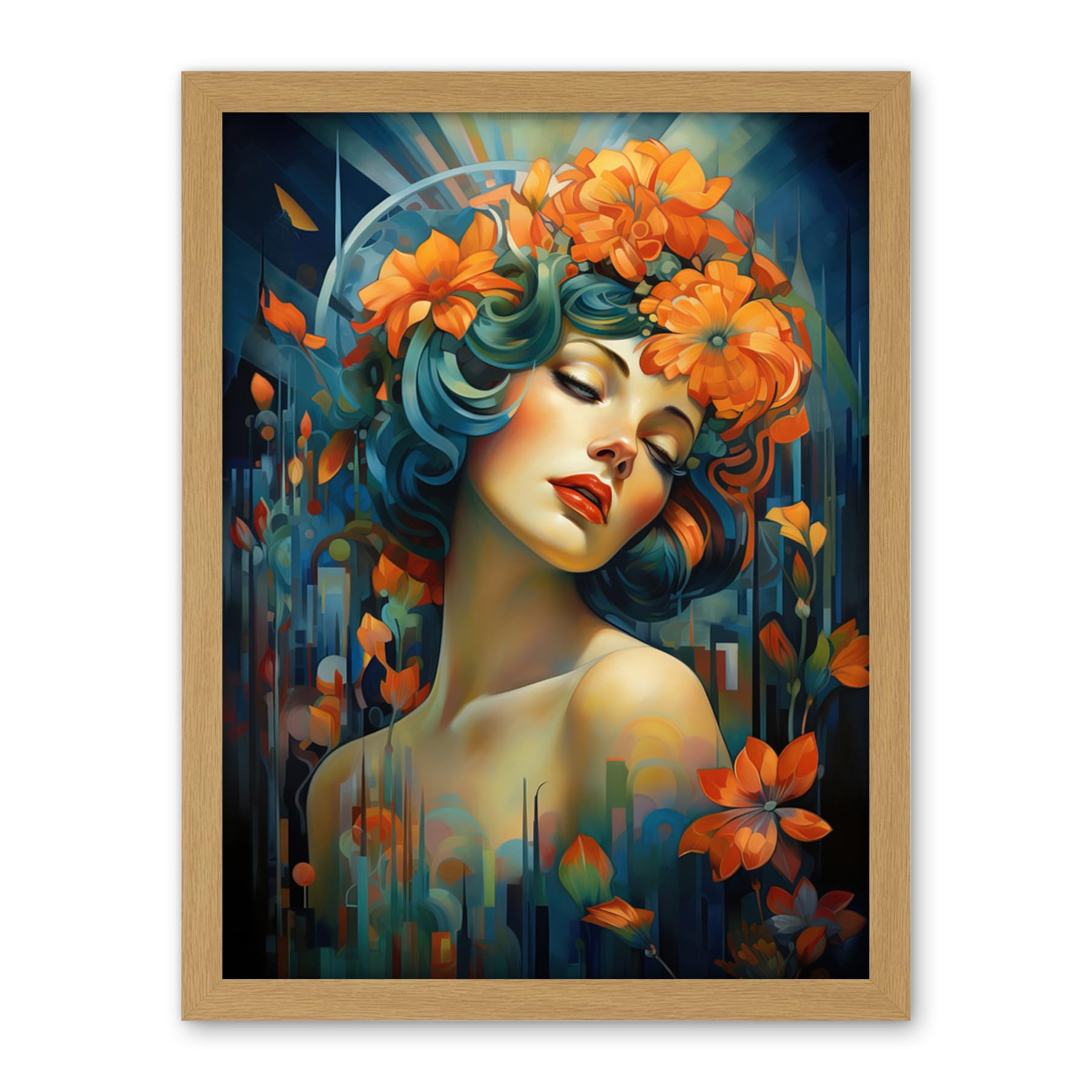 Artery8 Woman Portrait with Flowers Modern Art Deco Vibrant Artwork Orange Blue Floral Headband Artwork Framed Wall Art Print 18X24 Inch