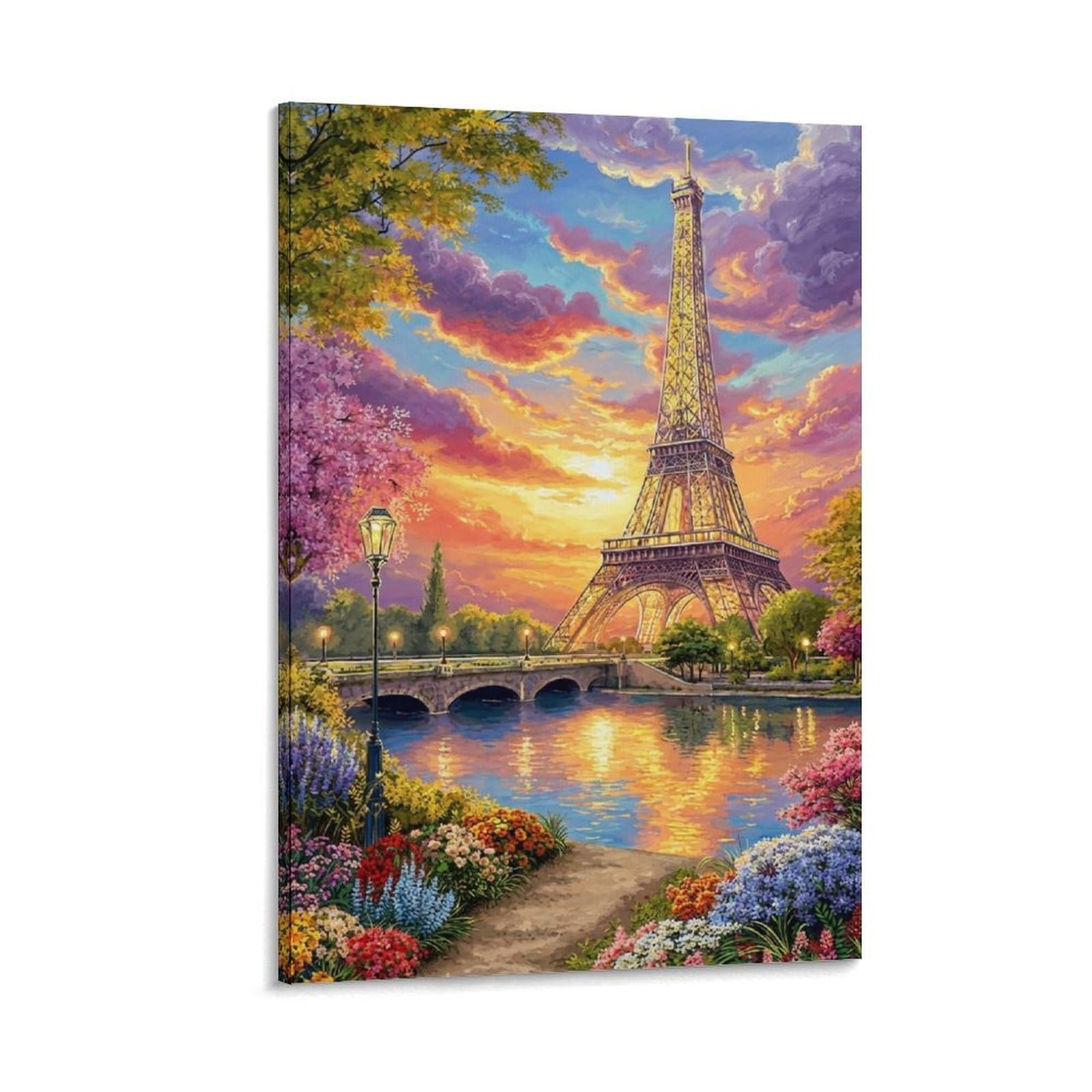 Eiffel Tower Sunset Poster Artwork Giclee Canvas Prints Modern Wall Art Picture Wall Hanging for Living Room Home Decorations 12x18inch(30x45cm)