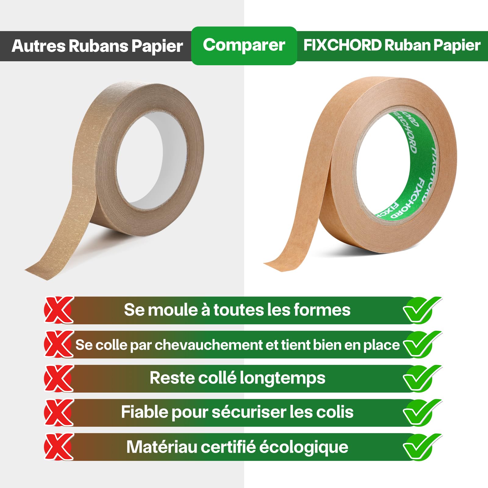 Ruban D'emballage en Papier 24mm x 50m | Recyclable, Inscriptible et imperméable | Ruban Adhésif Papier Kraft pour emballer des colis et des boîtes, déménager | 6 Rouleaux