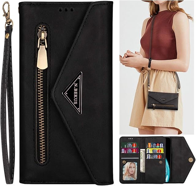 SUMOON iPhone 13 Pro Max Wallet Case for Women/Girl Zipper Wallet PU Leather Flip Folio Case with Card Holder Shoulder & Hand Strap iPhone 13 Pro Max Crossbody Phone Case Purse Shockproof Cover Black