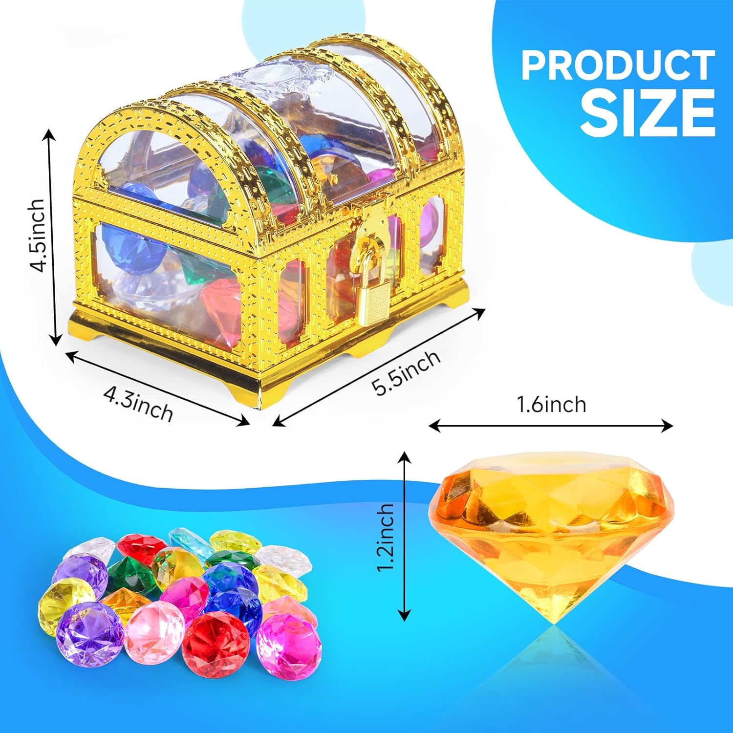 Diving gem Pool Toys Sand Toys,16 Big Colorful Diamond with Pirate Treasure Chest Summer Training Swimming Diving Underwater Toy Children's Game Gifts (Golden)