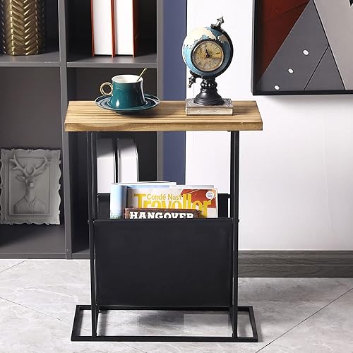 Miniatura 6 de MyGift Mesa auxiliar moderna y estrecha para sala de estar de 21 pulgadas con mesa de madera maciza gris rústica y marco de metal negro, mesa