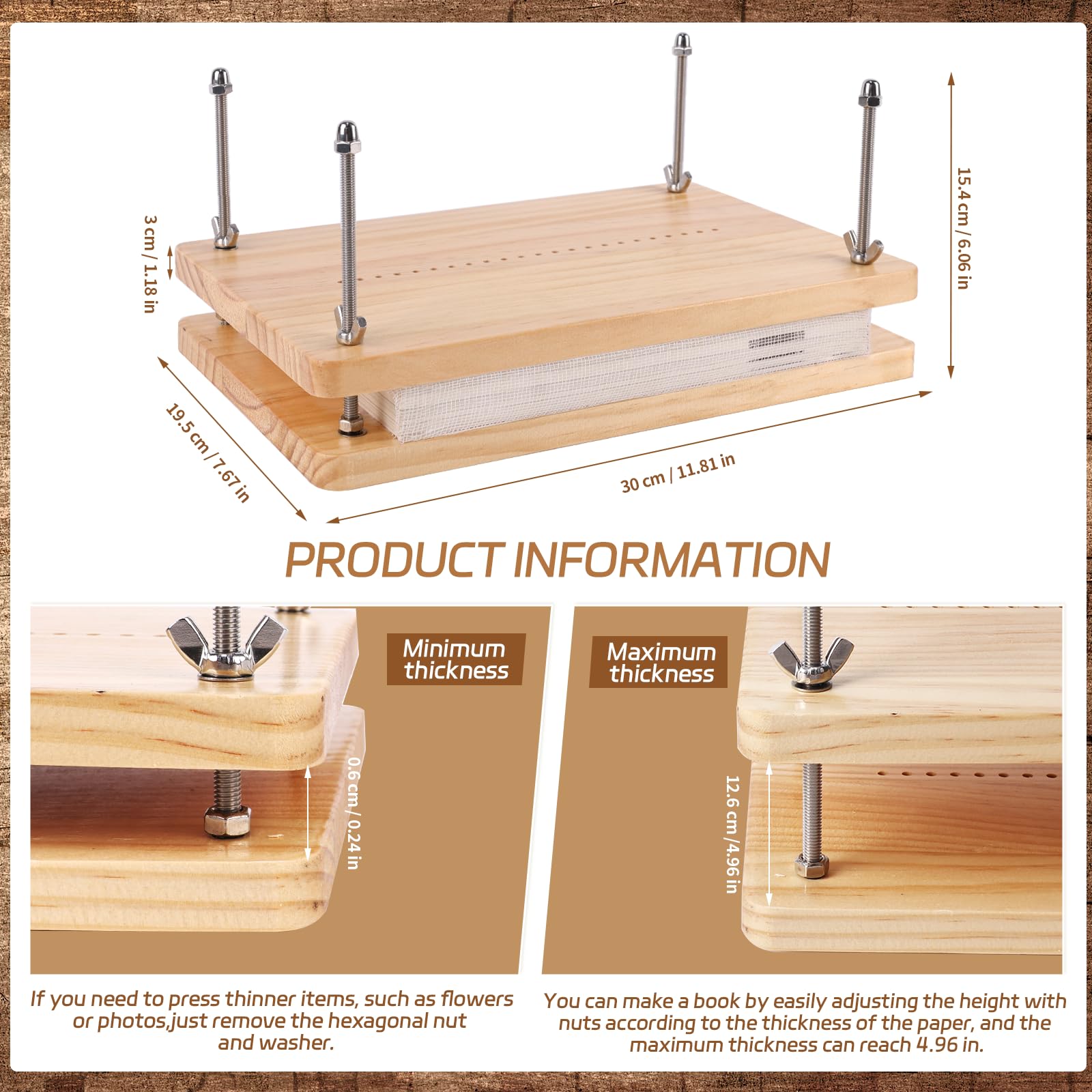 HomdMarket Kits de encuadernación de libros, prensa de libros de madera (11.8 x 7.6 pulgadas), suministros de encuadernación para libros de bricolaje, juego de herramientas de inicio con bolsa de