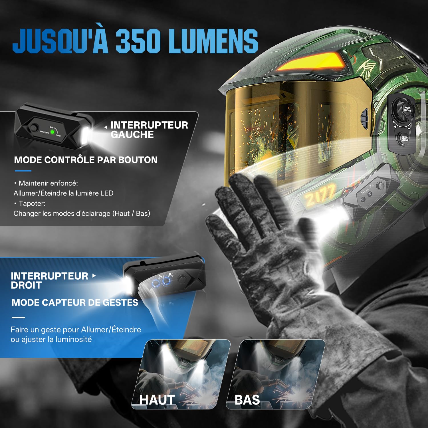 ANDELI Casque de Soudage Auto-Assombrissant | 2 LED Gestuelles & Triple-View 3 Verres Auto-Assombrissants | 7 Capteurs | True Color 1/1/1/1 | Batterie 1500 mAh USB-C | TIG/MAG/MMA & Meulage