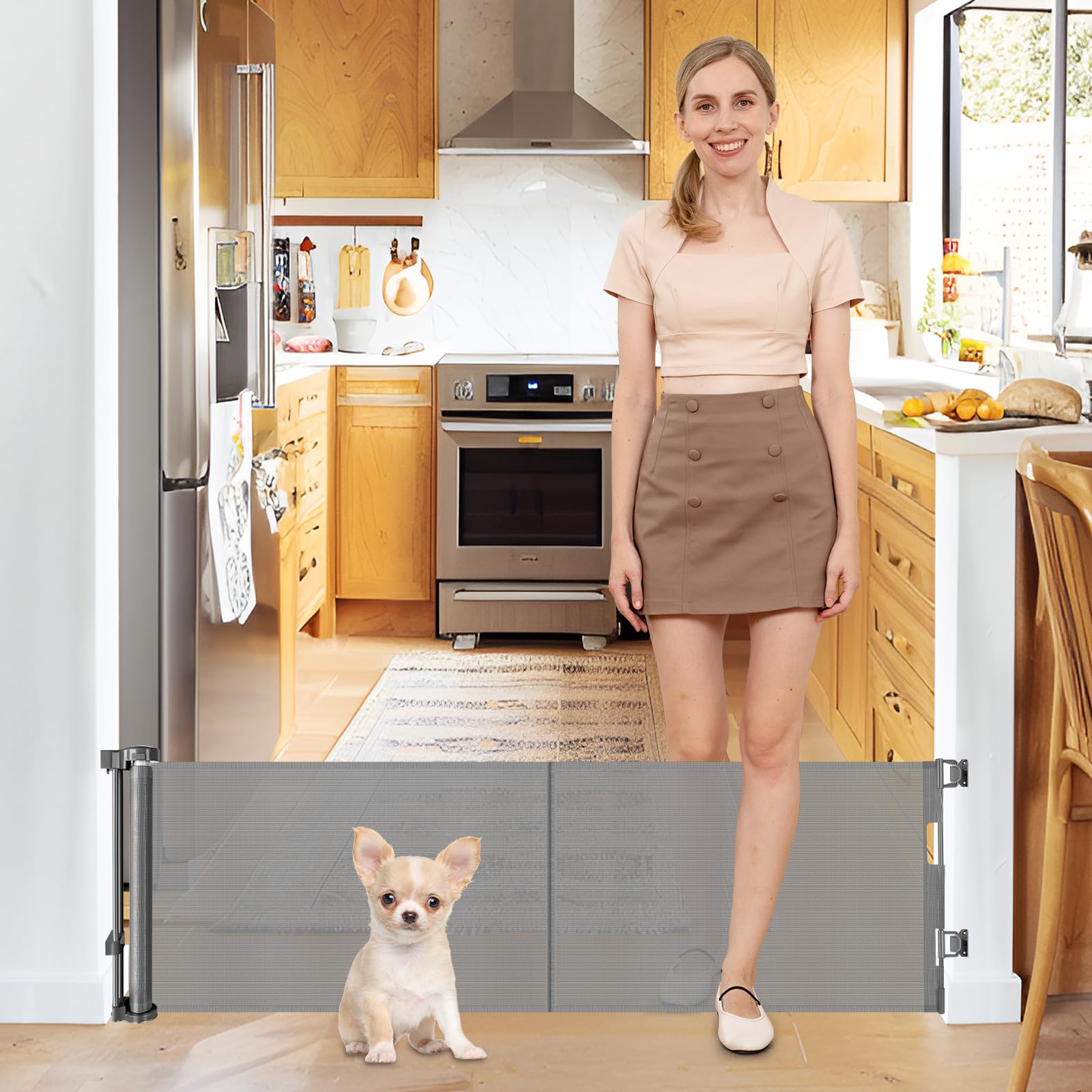 Photo 1 of 20 Inches Tall Retractable Short Dog Gate to Step Over, Short Pet Gates for The House, Extends up to 55" Wide, Small Dog Gate Indoor Puppy Gate Mesh Doggie Gates Low Dog Gate (Gray)