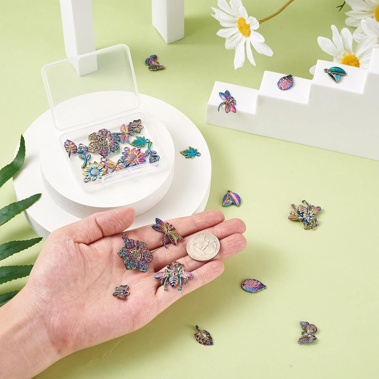 FASHEWELRY 24Pcs Alloy Rainbow Insects Charms Multicolor Dragonfly Flower Leaf Butterfly Pendants Colorful Etched Metal Embellishments for DIY Jewelry Making