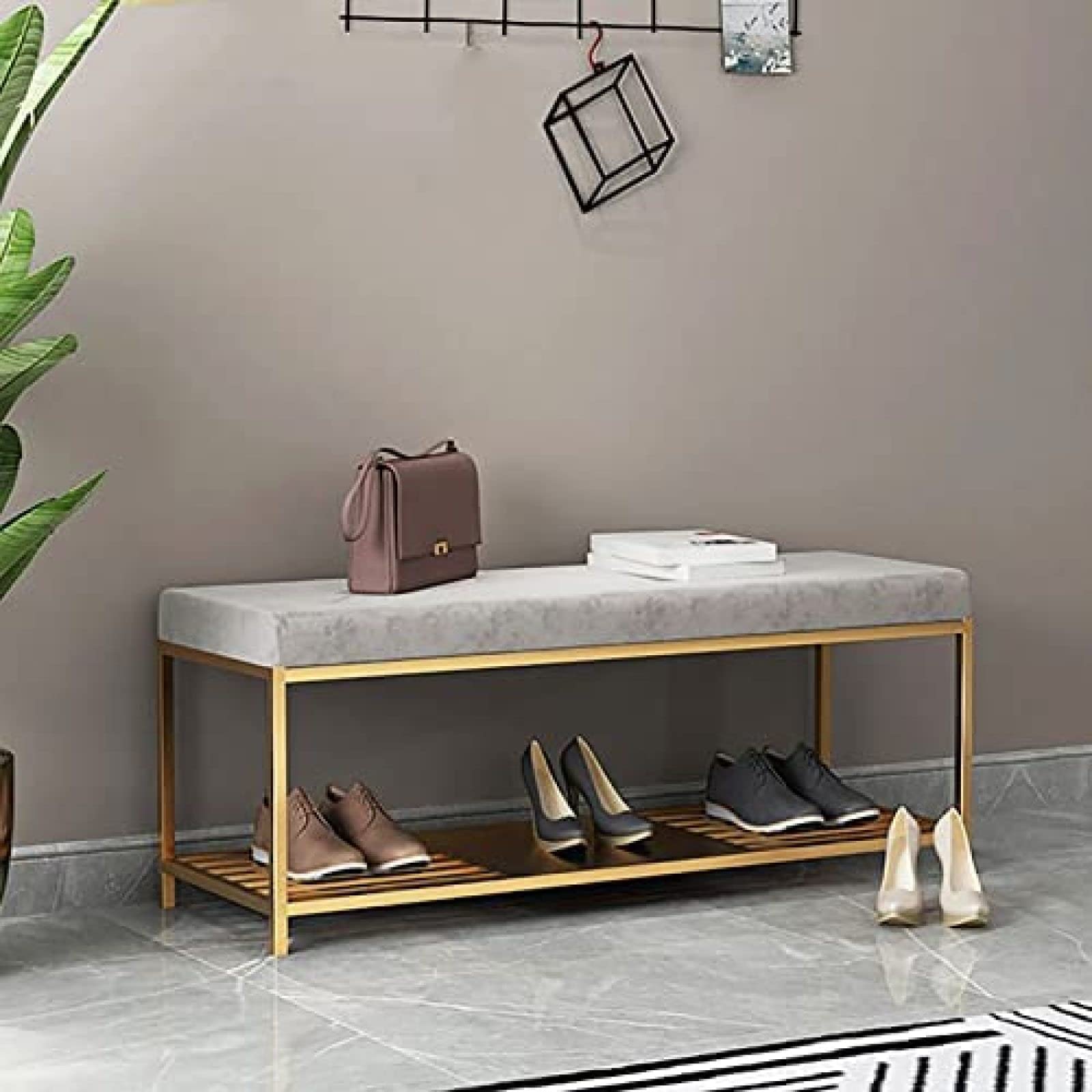 Ławka Wejściowa Ze Złotym Stojakiem Na Buty, Aksamitny Stołek Na Buty, Stojak Na Buty, Salon, Stojak Na Buty, Ławka, Stołek Do Przechowywania, Różowy, 80X35X45 Cm, Szary, 60X35X45 Cm (24X14X18 Cali)