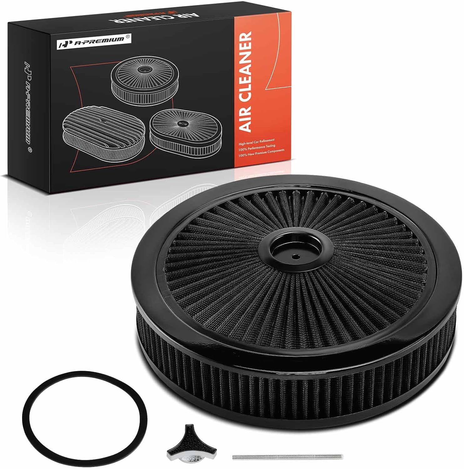 A-Premium 14"x3" Round Universal Air Cleaner Filter Assembly - Compatible with Chevrolet Chevy GMC Ford Models- Fit For 5-1/8" carburetor neck, Black