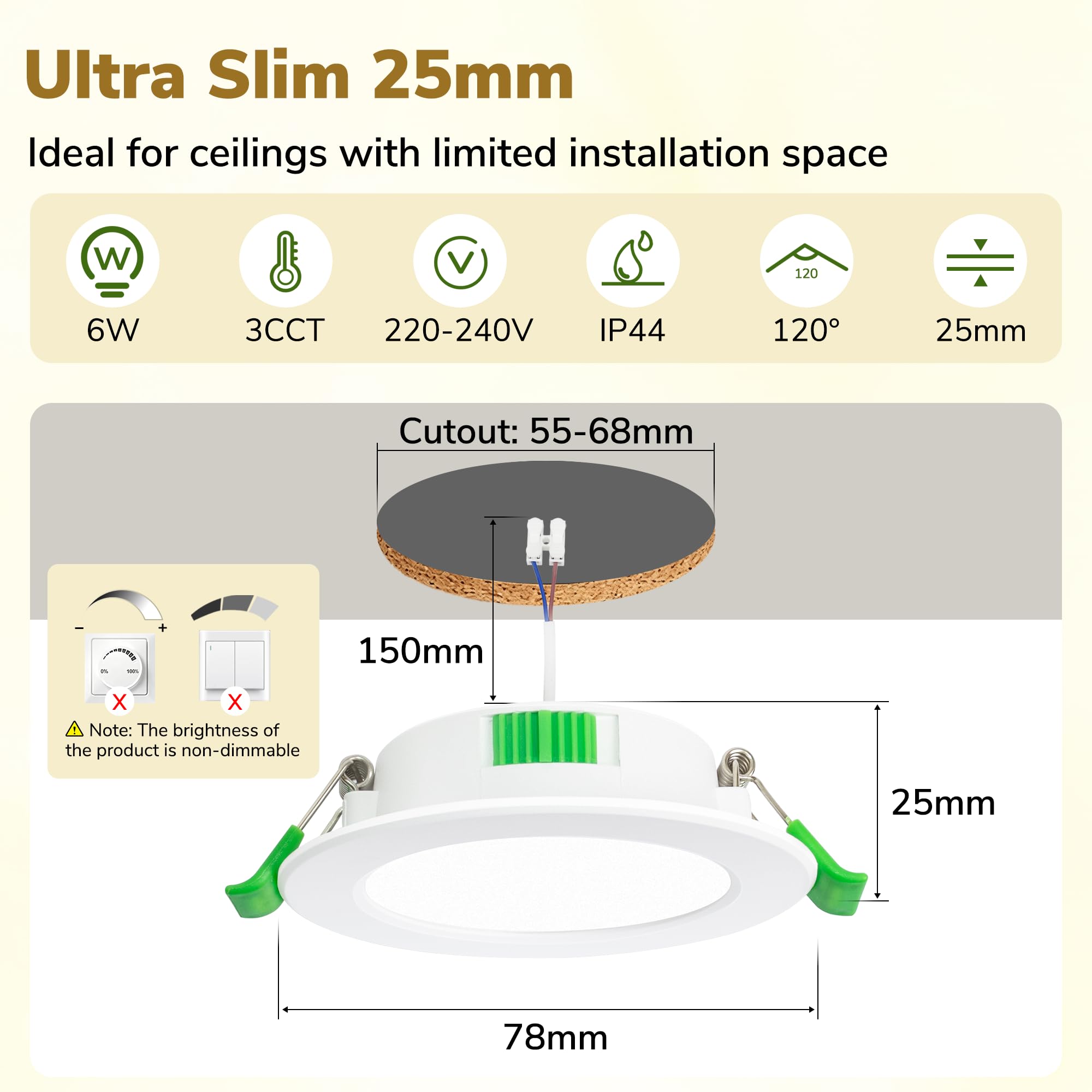 LED Einbaustrahler 230V 10er Set, 6W LED Einbauleuchten 3CCT 2700K/4000K/6000K, 55–68mm Lochmaß, Ultraflach 25mm IP44 Deckenspots, LED Spots als Einbauspots für Bad Küche Wohnzimmer, Weiß