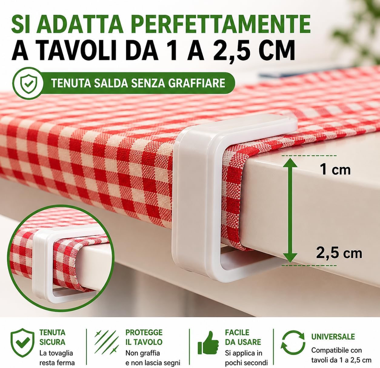 Set 8 Fermatovaglie in Plastica Bianca Made in Italy – Clip Ferma Tovaglia Resistenti, Adatti a Tavoli da 1 a 2,5 cm, per Casa, Ristorante, Catering ed Eventi