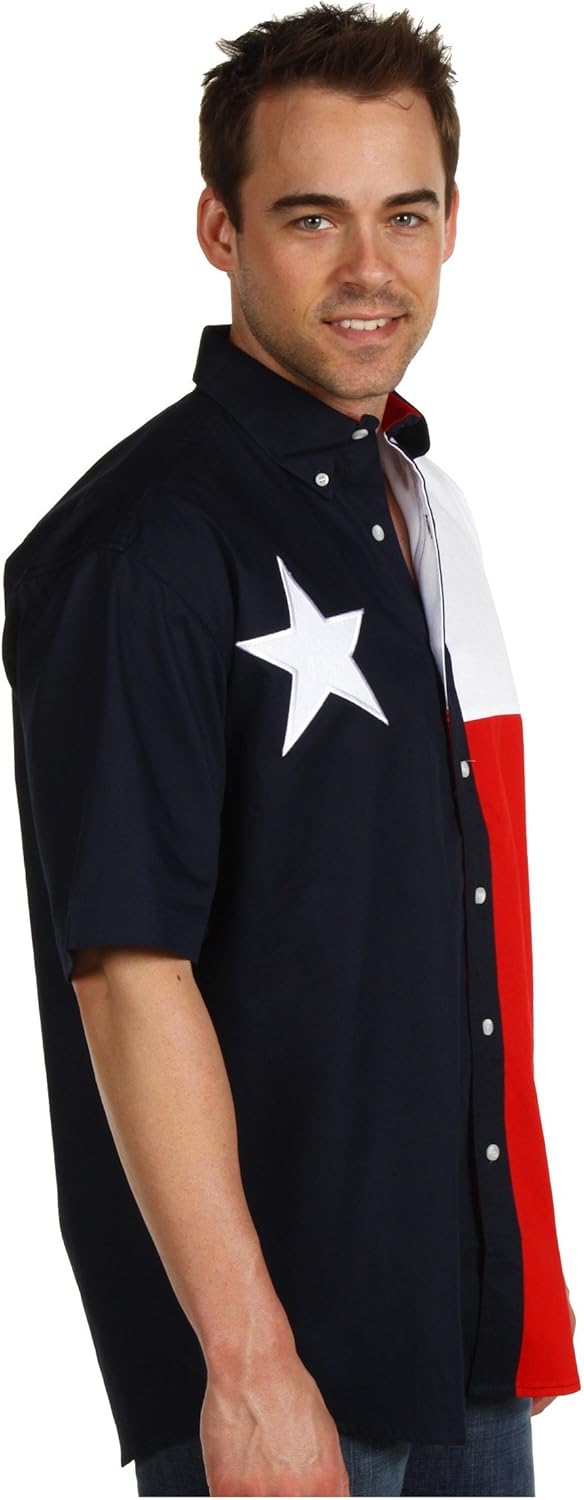 MENS RED WHITE AND BLUE PIECED TEXAS FLAG SHORT SLEEVE WESTERN SNAP SHIRT