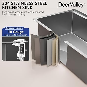 DeerValley 76 x 48 cm Undermount Kitchen Sink Workstation - 18 Gauge Stainless Steel Single Bowl Sink, Handmade with Built-in Accessories, Ledge Design & Cutting Board