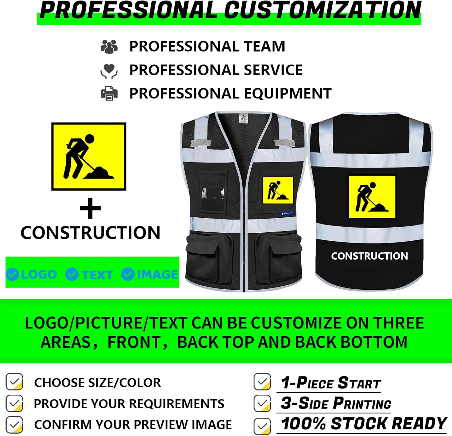 BeautyWill Custom Logo Safety Vest 8-Pockets Class2 High Visibility Reflective Vest for Men - Personalized Logo Team Vest