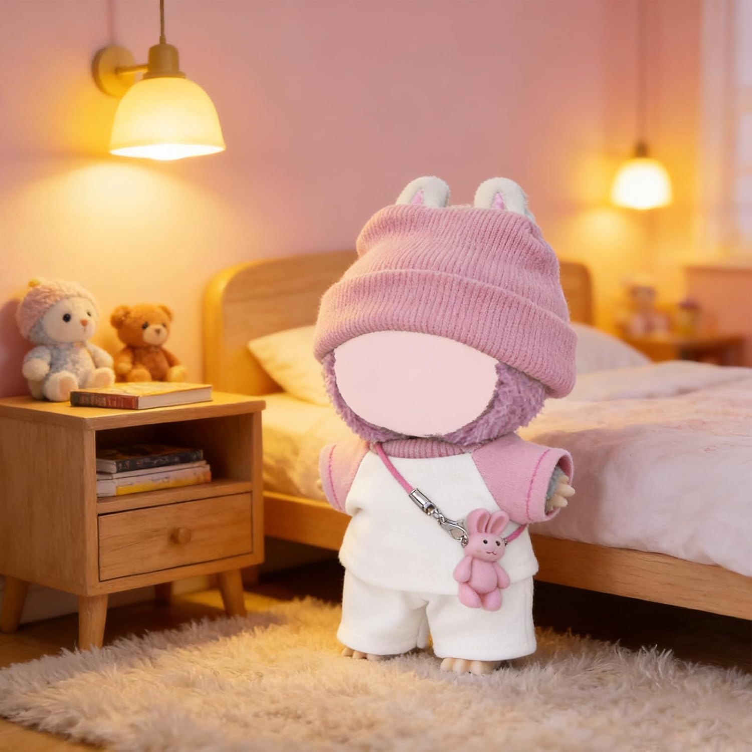 17cm Doll Clothes SetsNo Doll Pink Rabbit Suit Outfits Handcrafted Designer Clothing for Eatser Including Hat,Clothes,Trousers and Rabbit Decoration image 5