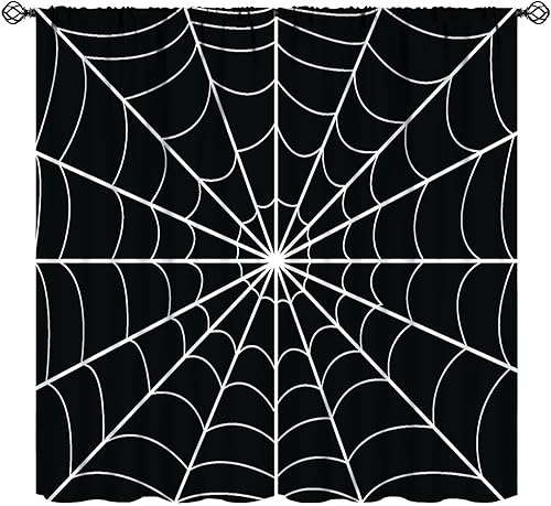 Miniatura 9 de Cortina de Halloween, telaraña aterradora de terror, estilo blanco y negro, decoración de vacaciones, oscurecimiento de la habitación, cortina con