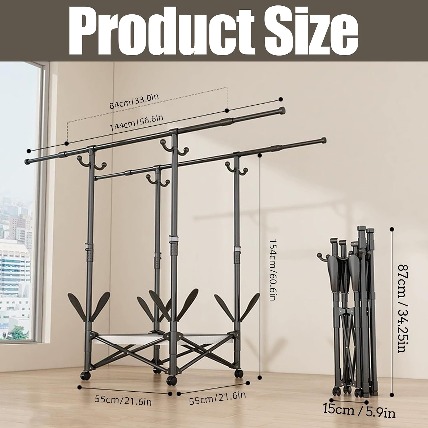 Rolling Clothes Rack No Assembly Foldable Double Rod Garment Rack 33-56.7in Extendable Carbon Steel Clothes Rack with Wheels & Shoe Shelf Portable Laundry Drying Rack for Apartment RV Balcony