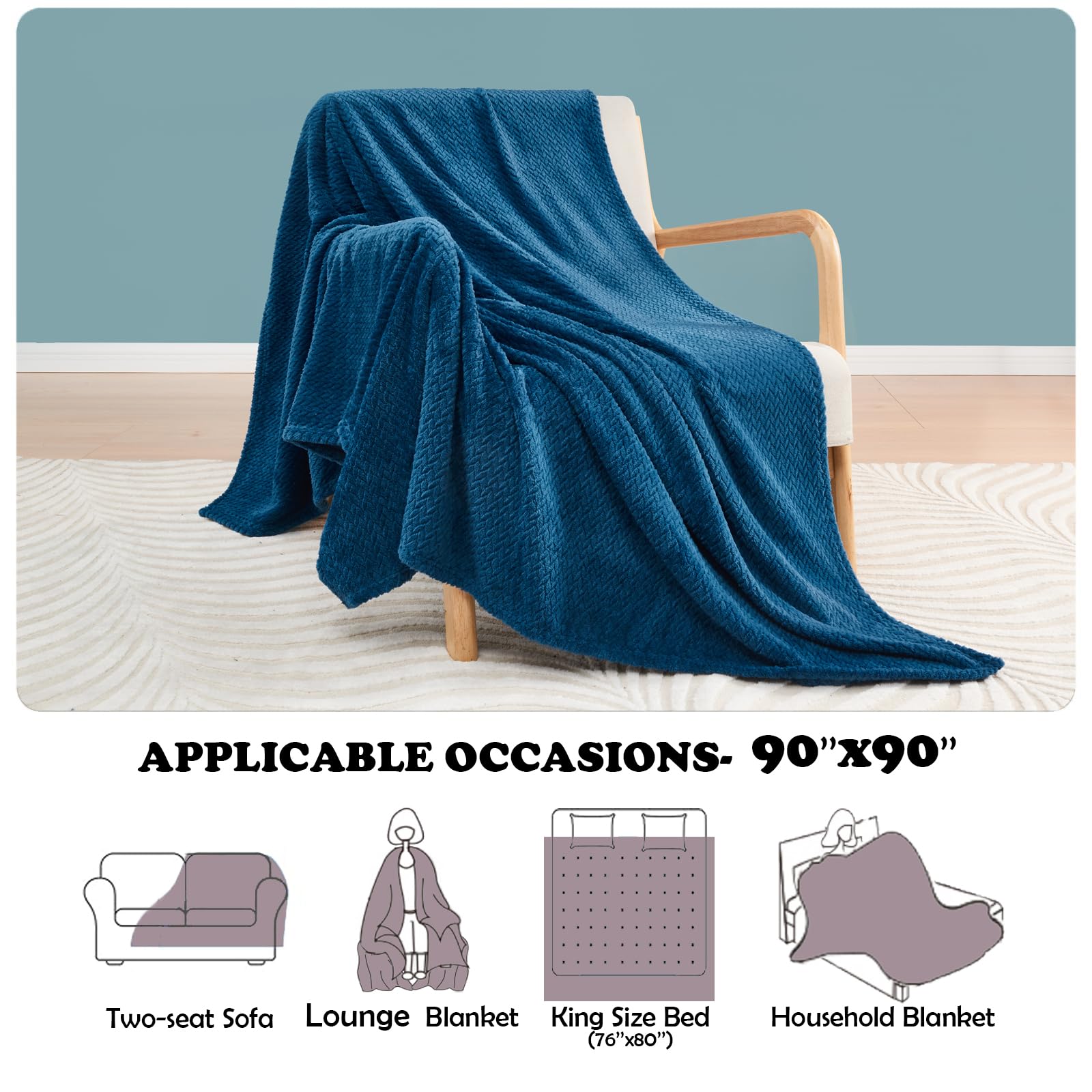 Coperta Flanella Super Morbida Newcospay - Motivo Foglie, Leggera Per Tutte Le Stagioni, Queen 90x90 Cm Blu Navy - Foto 11