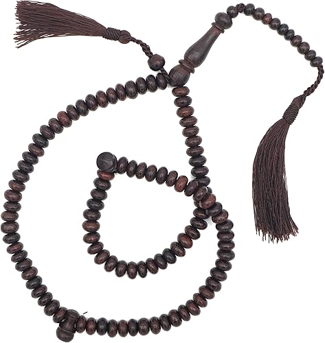 Cuentas de oración – Tasbih de 0.354 in y 99 cuentas planas ovaladas de tamarindo con borlas de color marrón oscuro a juego y contador de 10