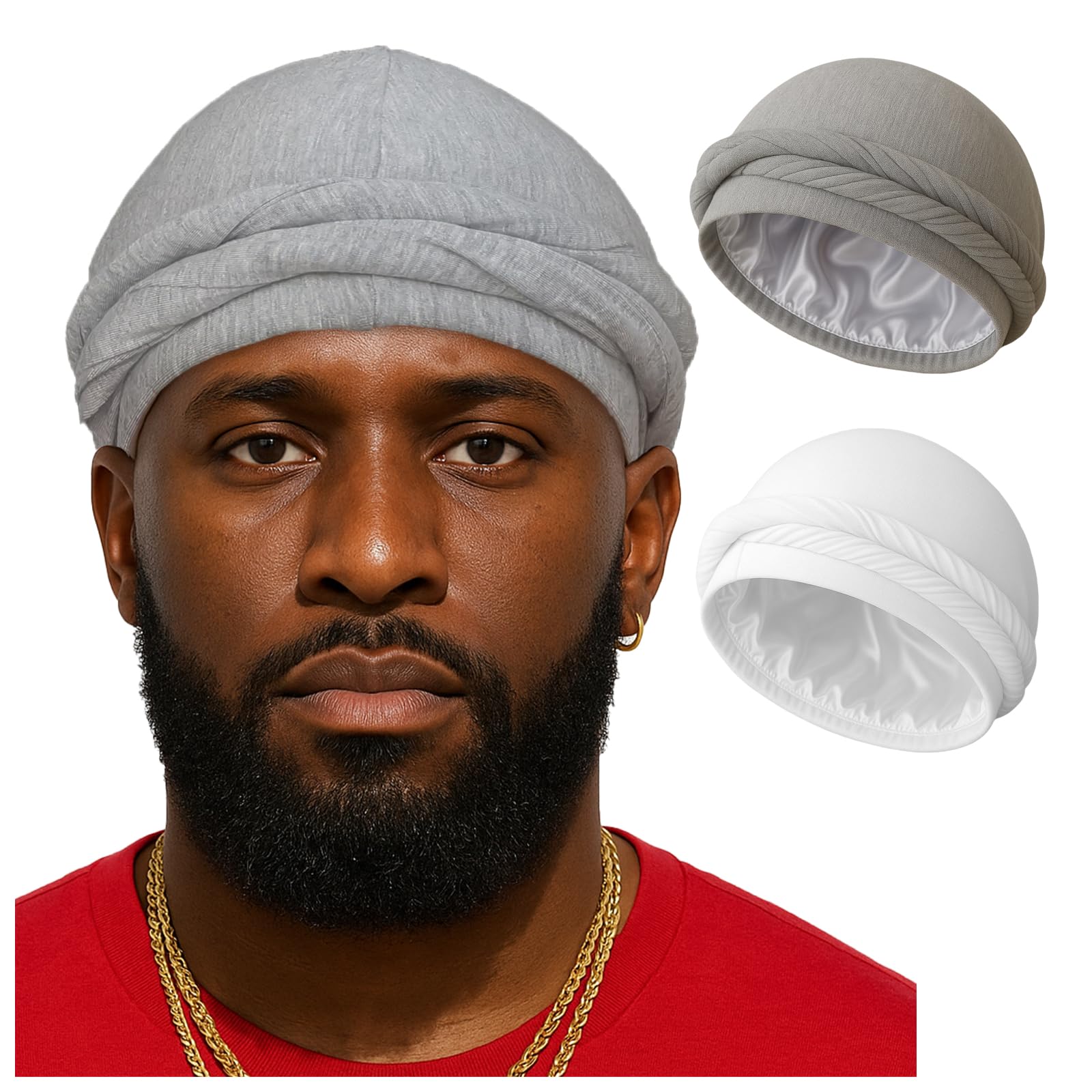 Upgraded Halo Turban Durag for Men &Women, Pre-Tied Skull Cap, Hair Loss Hat Silk-Lined Headwraps, Sleeping Bonnet (L,White+Light Gray)