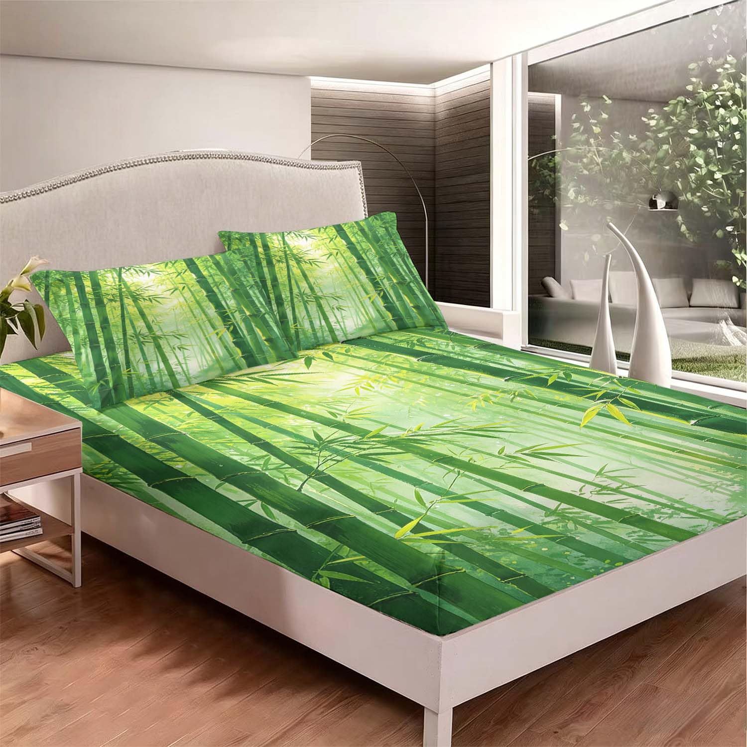 Drap Housse 180x200 cm Bambou Vert 3D Drap-Housse Bambou Draps Housses Microfibre 2 Personnes avec 2 Taie d'oreillers pour Matelas Épais XCW6517