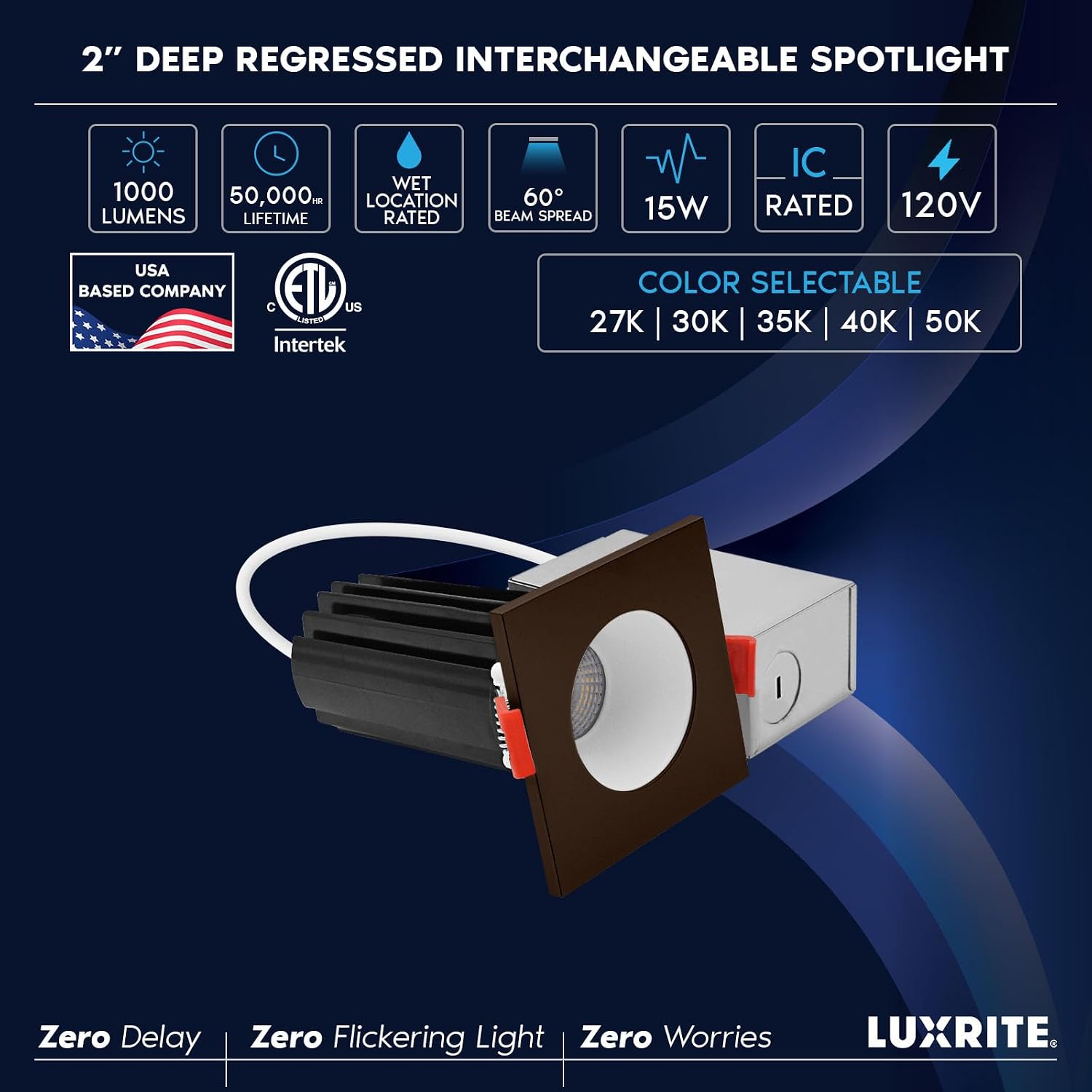 LUXRITE 2 Inch LED Recessed Lighting, Deep Regressed Canless Spotlight, Round White & Square Bronze Interchangeable Trim, 5CCT 2700K-5000K, 1000LM, 15W, High Output, Dimmable, Wet Rated (4 Pack)
