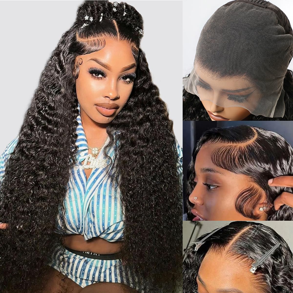 Lemo beautyWater Wave Wig 13x6 Human Hair 13x6 Full Lace Frontal Hd Lace Deep Wave Wigs 13x6 Water Wave frontal HD Transparent Full Lace Front Wigs Pre Plucked Bleached Knots Virgin Hair 200% Density