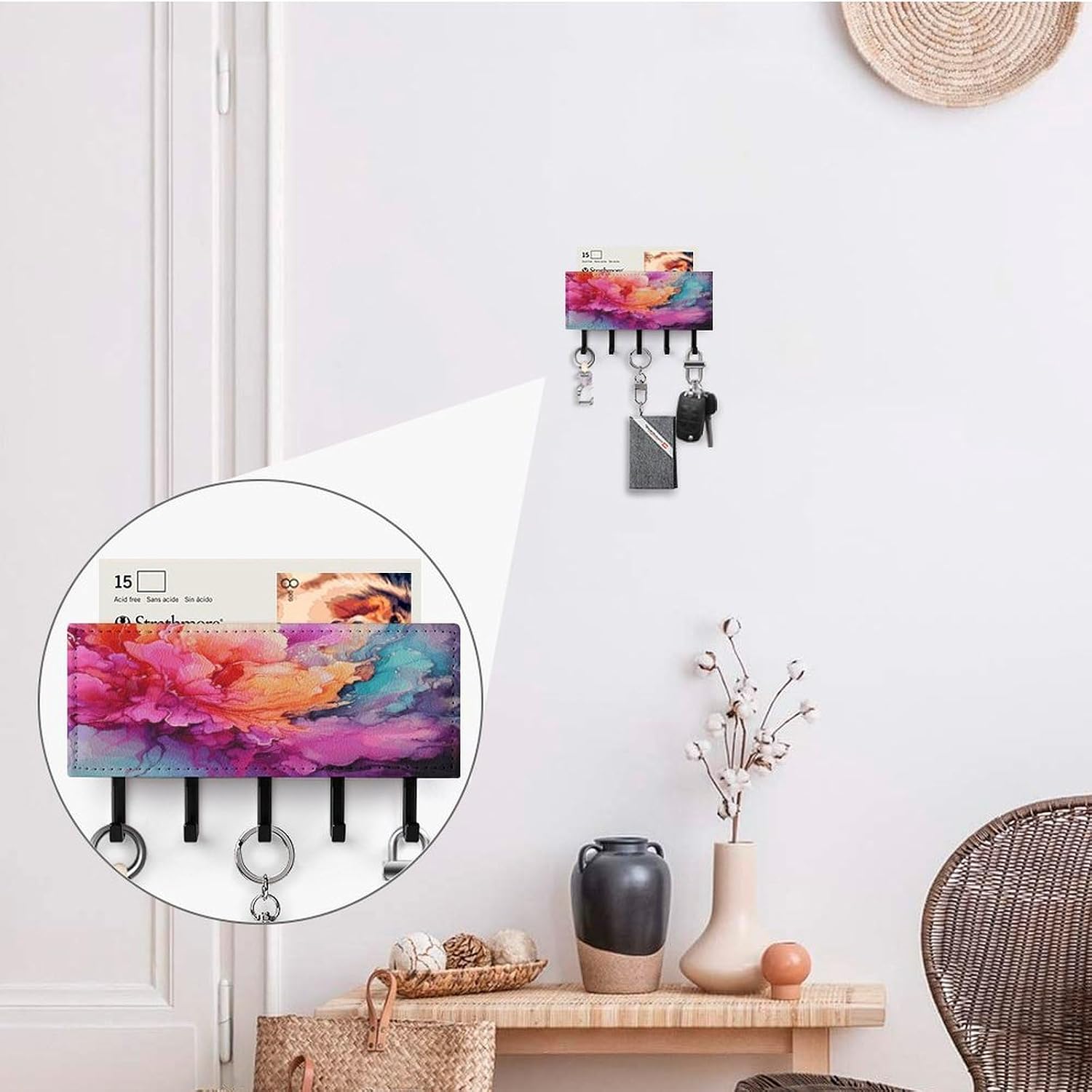 Leather Key Holder Wall Mount with 5 Hooks, Self-Adhesive Key Rack image 4