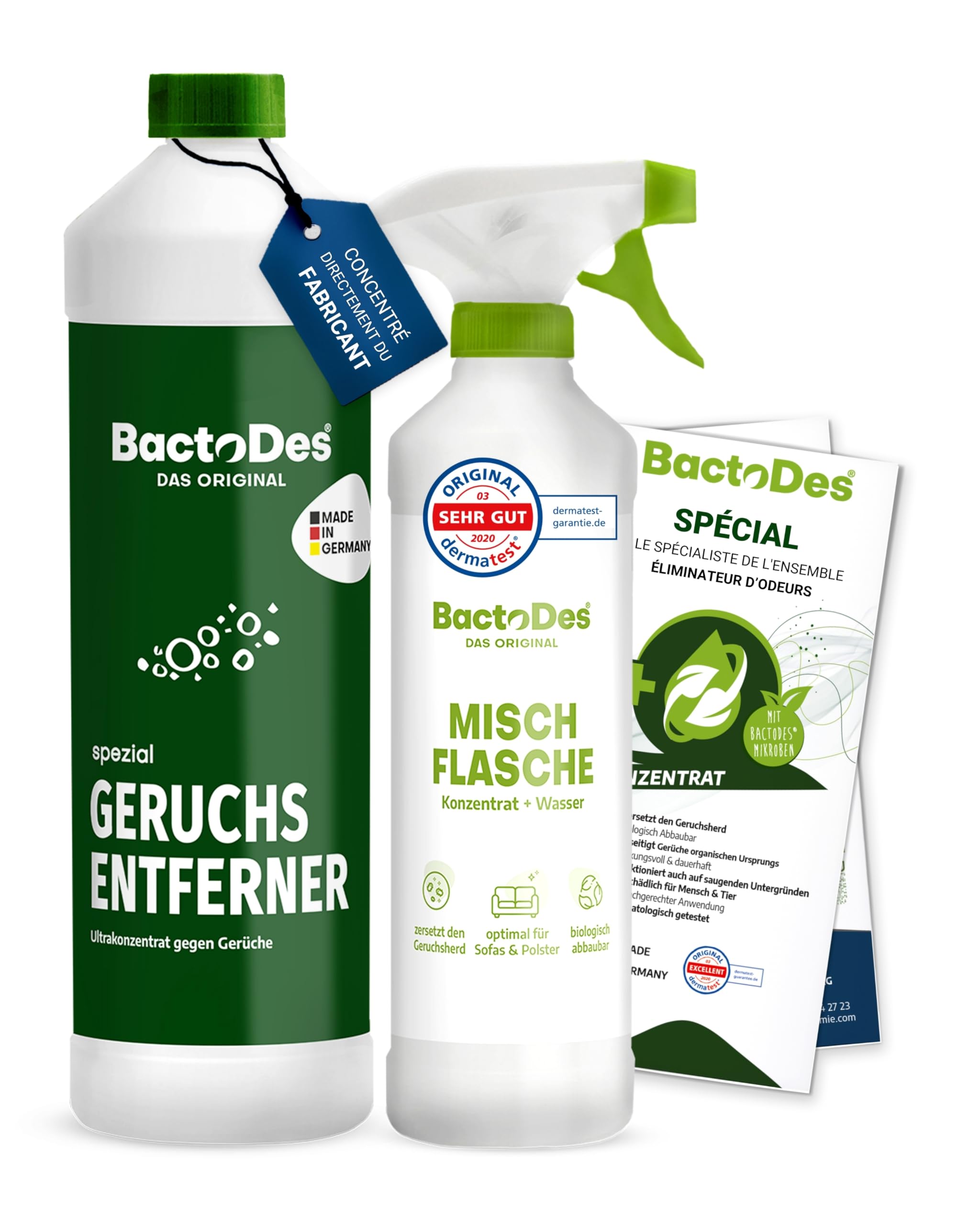 BactoDes - Desodorisant Maison 1L concentré avec Vaporisateur mélangeur - Nettoyant enzymatique Universel avec Action microbienne Bio - Élimination Efficace de Toutes Les Odeur Maison